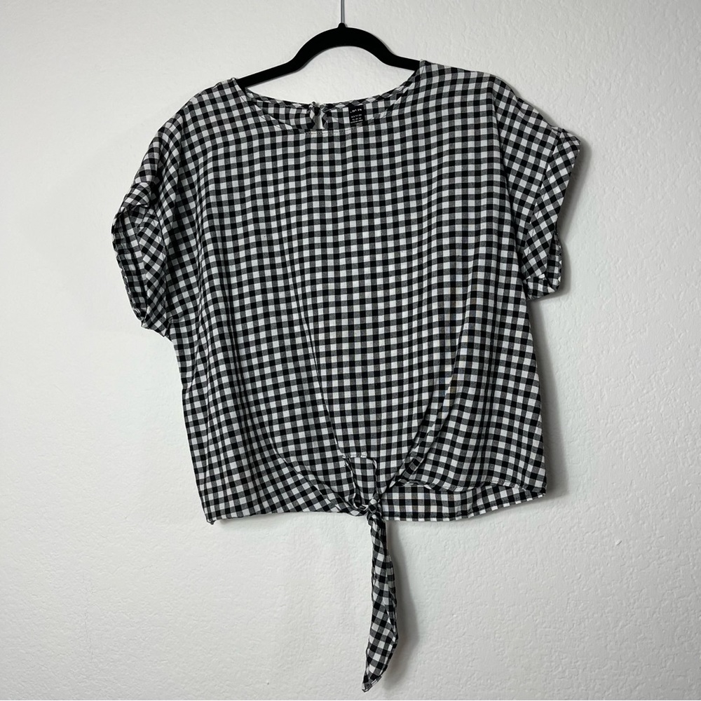 Shein Black and White Gingham Short Sleeve Knot Tie Top size Large